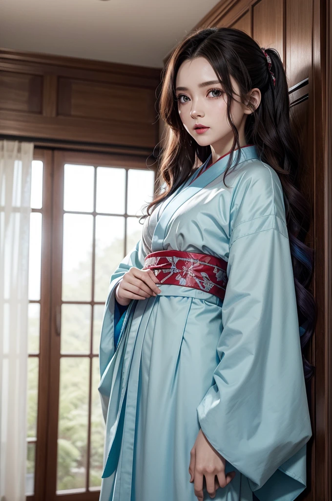 Captura of Kimetsu no Yaiba, female character, Long, wavy hazel hair and light blue eyes, with a calm look, Cheerful appearance, with elegant doors, and with red eye shadow, and lipstick of a light crimson tone. He wears the uniform of the demon hunters from Demon Slayer, pastel blue kimono with white. In the background it has a forest during the day.