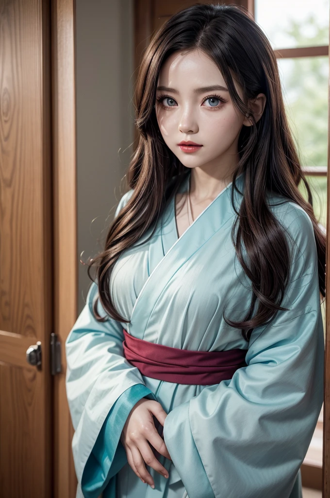 Captura of Kimetsu no Yaiba, female character, Long, wavy hazel hair and light blue eyes, with a calm look, Cheerful appearance, with elegant doors, and with red eye shadow, and lipstick of a light crimson tone. He wears the uniform of the demon hunters from Demon Slayer, pastel blue kimono with white. In the background it has a forest during the day.