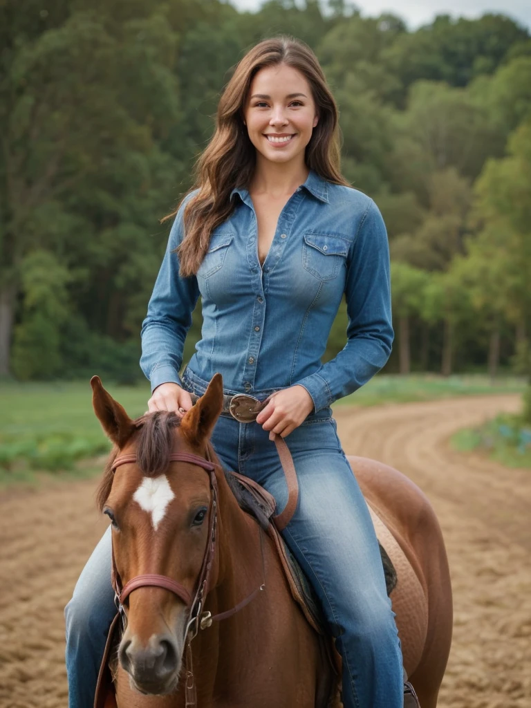 Brazilian woman. Dimensions preserved. Araffe woman in jeans and topper posing on the farm riding a horse, accentuated curvy butt, tight clothes, front photo, brown hair and perfect body, tight clothes, front photo, posing on the farm riding a horse, sexy girl smiling. Front view, looking seductive from the front, front view, very sexy outfit, pretty face with arms and legs. On the farm riding horses