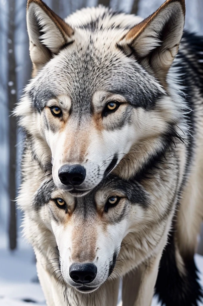 A wolf with the left part of the body white and the right part black.
Having heterochromia and the left eye will be black and the right eye white, just like the ying and yang.
And the tail will have both colors, slowly reaching gray at the tip..