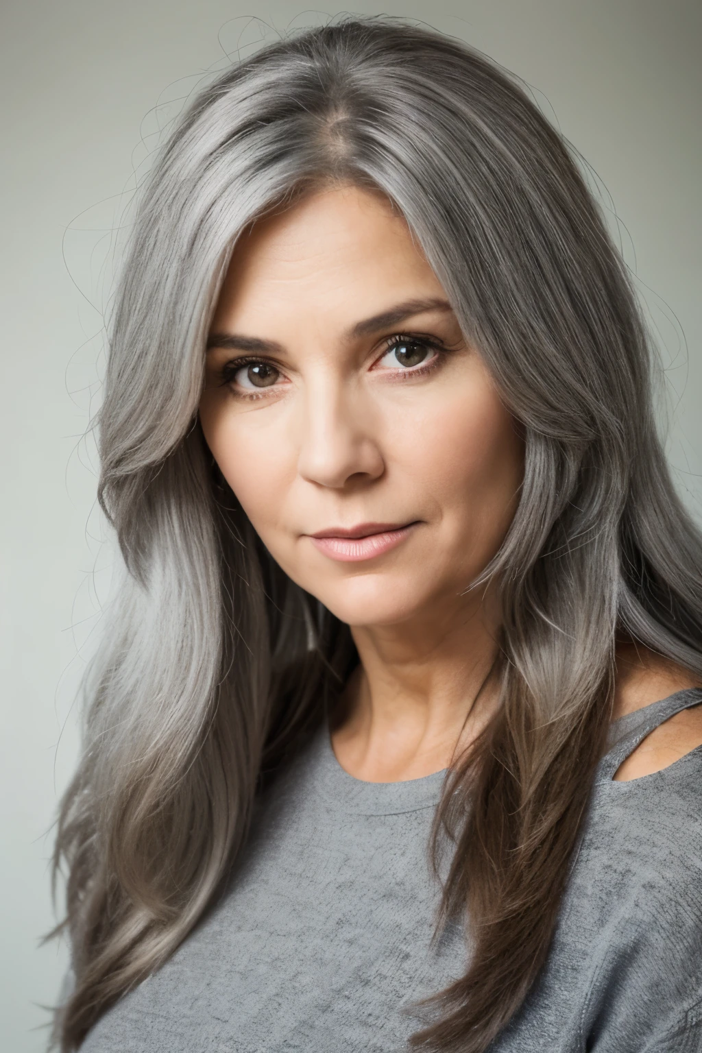 50-year-old woman, gray hair, long hair. 50-year-old woman, gray hair, long hair.