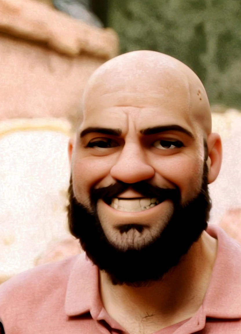 Bald man, with beard, Grinning.