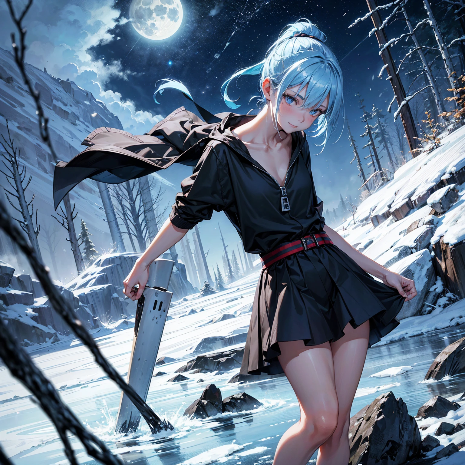 1girl, (solo), short ponytail hair, light blue hair, flat chest, small size, blue eyes, fair skin, perverted smile, full nude, full body, lots of cum on sex, (night), moon, frozen lake, forest behind, (very sexy body, detailed face, masterpiece, highly detailed, 8k, best quality, vibrant colors, digital art, concept art)