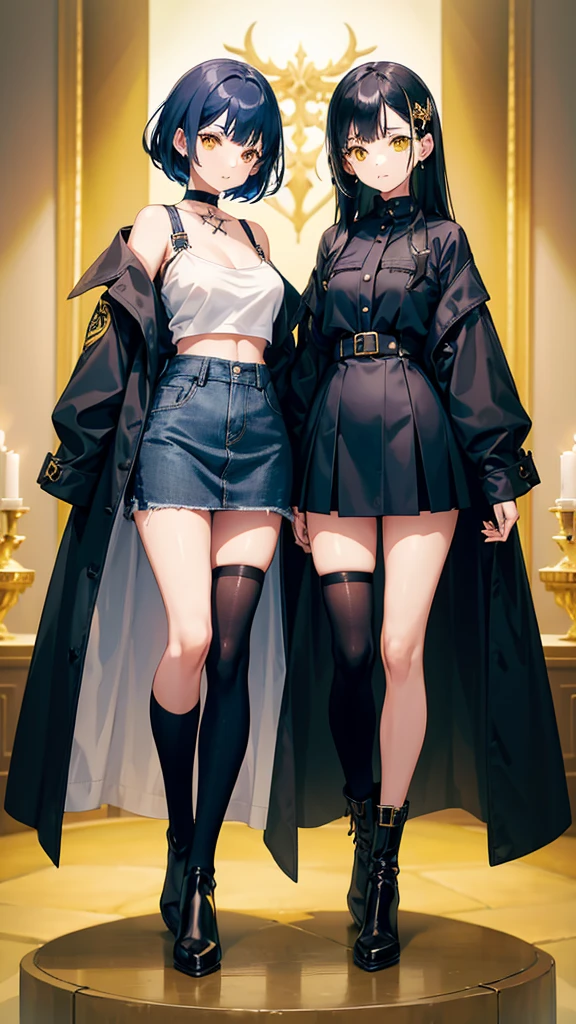 2girls, twins, short wavy navy blue hair, golden yellow glowing eyes, wearing black tube top, navy blue trench coat, navy blue long denim skirt, golden boots, sleeve tattoo, river, absurdres, high res, ultra sharp, 8k, masterpiece, looking at viewer