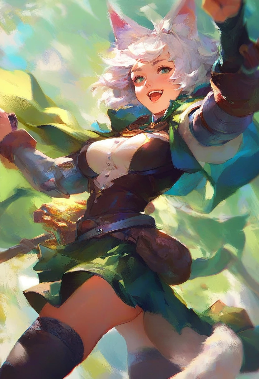 (score_9,score_8_up,score_7_up,) 1girl, solo, breasts, looking at viewer, smile, short white hair, open mouth, skirt, thighhighs, animal ears, tail, weapon, holding weapon, animal ear fluff, green skirt, sheath, green background, Expressiveh, style by nty, gwentstyle
