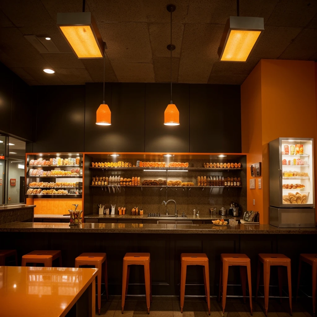 I need a picture of a very well decorated snack bar with modern architecture based on the color orange and dark lighting.