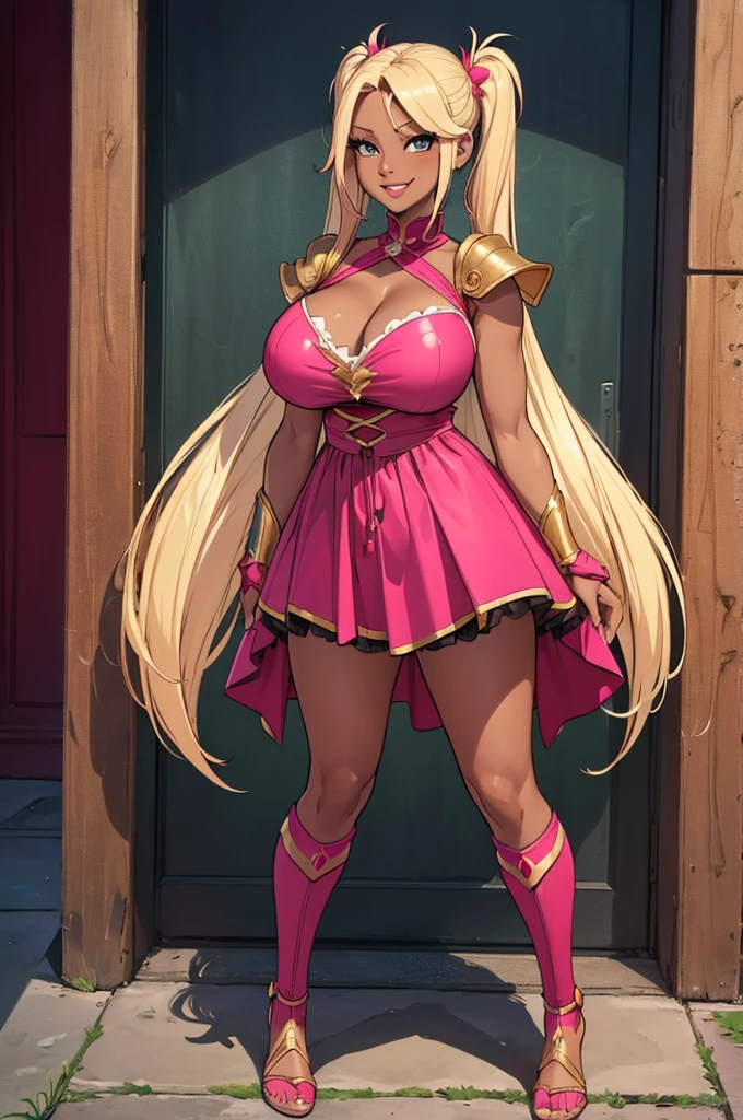 (masterpiece, best quality, high resolution, ((full body, standing,))((huge breasts)) 1 girl,, blonde hair, pigtail hair, pink lips, dark skin highly detailed magic knight costume in red color, smile, full body
