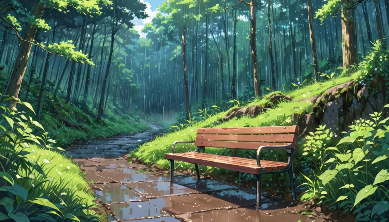 ((Anime: 1.4, Illustration)), (Masterpiece, Top Quality, Best Quality), (Ultra-Detailed, Absolutely Resolution), ((16k, HIGH RES)) (Rain, Forest, Bench, Sky After Rain), ( Anime: 1.4, Illustration)), (Masterpiece, Top Quality, Best Quality), (Ultra-Detailed, Absolutely Resolution). Ak {Lofi Art, Style of Laurie Greasley, Style of Makoto Shinkai, Anime Aesthetic}, BREAK {(Produces IMAGES WITH ITH INFORMATION THAN 40 Million Pixels with Cinematic-Like Detailed Textures S Hot on a Sony slur).}