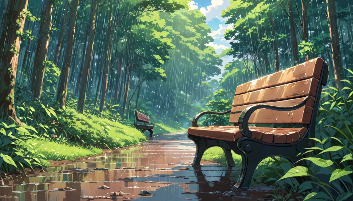 ((Anime: 1.4, Illustration)), (Masterpiece, Top Quality, Best Quality), (Ultra-Detailed, Absolutely Resolution), ((16k, HIGH RES)) (Rain, Forest, Bench, Sky After Rain), ( Anime: 1.4, Illustration)), (Masterpiece, Top Quality, Best Quality), (Ultra-Detailed, Absolutely Resolution). Ak {Lofi Art, Style of Laurie Greasley, Style of Makoto Shinkai, Anime Aesthetic}, BREAK {(Produces IMAGES WITH ITH INFORMATION THAN 40 Million Pixels with Cinematic-Like Detailed Textures S Hot on a Sony slur).}