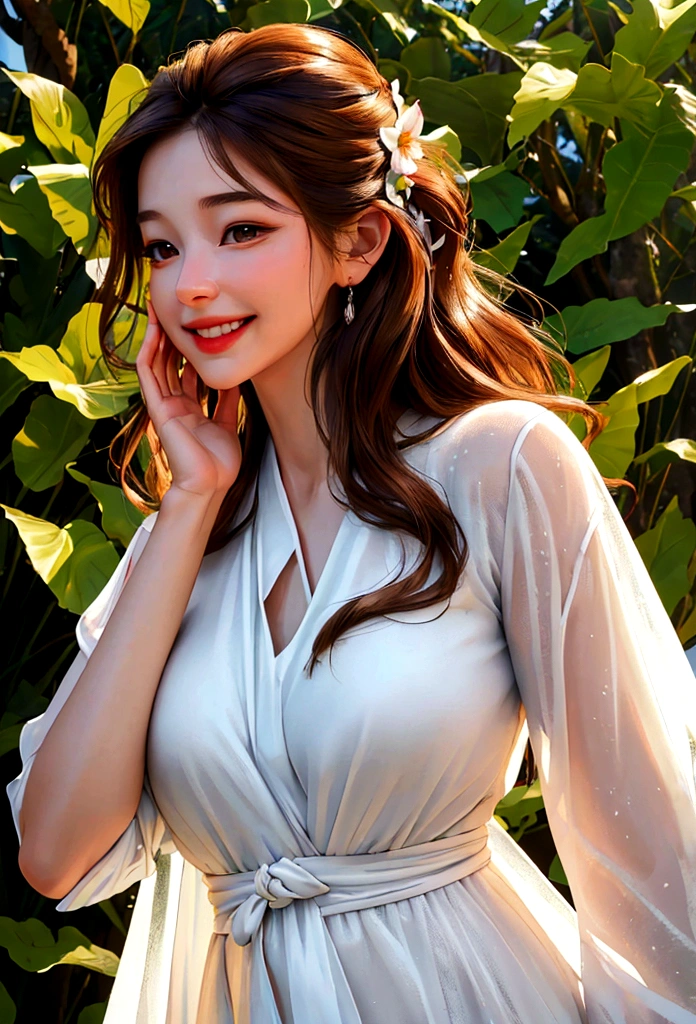 (Surrealistic style, side body shot, detailed hand description, accurate hands), (Woman 1_Pretty face and delicate features, eye smile and happy smile, long brown hair, bushy hair), (Beauty_Clear white skin), Jeju Island at sunset_Doldam trail, solo travel, white dress, breeze, fragrant midsummer, nature, (highest quality, 4k, 8k, high definition, masterpiece: 1.2), ultra detail, (realistic, realistic, realistic: 1.37), HDR, UHD, Studio Lighting, Sharp Focus, Physically Based Rendering, Ultra Detail, Professional, Vivid Colors, Bokeh, Portrait