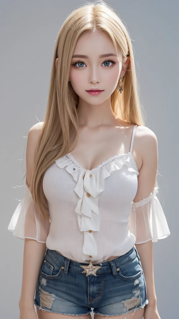 (((blouse、Shorts、White background、Cowboy Shot、forehead)))、forehead、Northern Europe、Russia、beautiful girl、Platinum Blonde Hair、Straight long hair、Big blue eyes、Northern Europeの若者、Glowing Skin、Young and beautiful skin、A perfect and beautiful little face、Bright makeup、Pale pink lips、Bright expression、lipstick、Golden Hour Lighting、Movie Light、Intricate details、High resolution、 Detailed features of the face design、Big Breasts