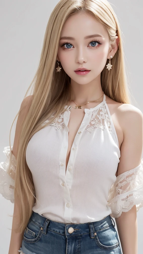 (((blouse、Shorts、White background、Cowboy Shot、forehead)))、forehead、Northern Europe、Russia、beautiful girl、Platinum Blonde Hair、Straight long hair、Big blue eyes、Northern Europeの若者、Glowing Skin、Young and beautiful skin、A perfect and beautiful little face、Bright makeup、Pale pink lips、Bright expression、lipstick、Golden Hour Lighting、Movie Light、Intricate details、High resolution、 Detailed features of the face design、Big Breasts