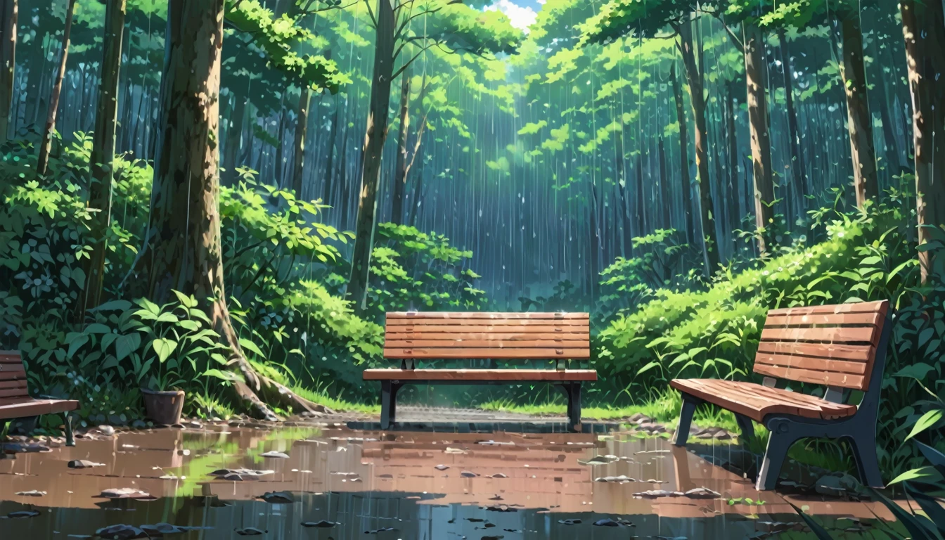 ((Anime: 1.4, Illustration)), (Masterpiece, Top Quality, Best Quality), (Ultra-Detailed, Absolutely Resolution), ((16k, HIGH RES)) (Rain, Forest, Bench, Sky After Rain), ( Anime: 1.4, Illustration)), (Masterpiece, Top Quality, Best Quality), (Ultra-Detailed, Absolutely Resolution). Ak {Lofi Art, Style of Laurie Greasley, Style of Makoto Shinkai, Anime Aesthetic}, BREAK {(Produces IMAGES WITH ITH INFORMATION THAN 40 Million Pixels with Cinematic-Like Detailed Textures S Hot on a Sony slur).}