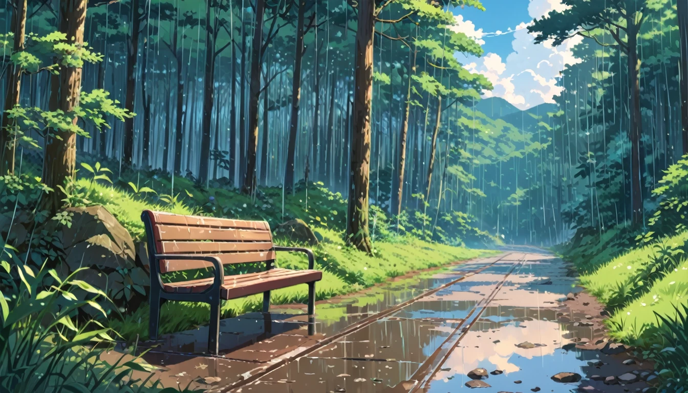 ((Anime: 1.4, Illustration)), (Masterpiece, Top Quality, Best Quality), (Ultra-Detailed, Absolutely Resolution), ((16k, HIGH RES)) (Rain, Forest, Bench, Sky After Rain), ( Anime: 1.4, Illustration)), (Masterpiece, Top Quality, Best Quality), (Ultra-Detailed, Absolutely Resolution). Ak {Lofi Art, Style of Laurie Greasley, Style of Makoto Shinkai, Anime Aesthetic}, BREAK {(Produces IMAGES WITH ITH INFORMATION THAN 40 Million Pixels with Cinematic-Like Detailed Textures S Hot on a Sony slur).}