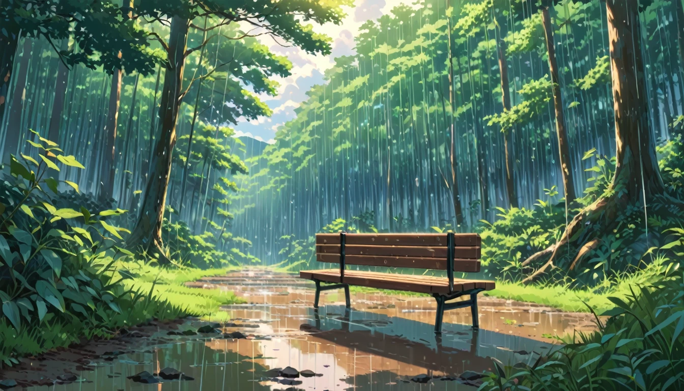 ((Anime: 1.4, Illustration)), (Masterpiece, Top Quality, Best Quality), (Ultra-Detailed, Absolutely Resolution), ((16k, HIGH RES)) (Rain, Forest, Bench, Sky After Rain), ( Anime: 1.4, Illustration)), (Masterpiece, Top Quality, Best Quality), (Ultra-Detailed, Absolutely Resolution). Ak {Lofi Art, Style of Laurie Greasley, Style of Makoto Shinkai, Anime Aesthetic}, BREAK {(Produces IMAGES WITH ITH INFORMATION THAN 40 Million Pixels with Cinematic-Like Detailed Textures S Hot on a Sony slur).}