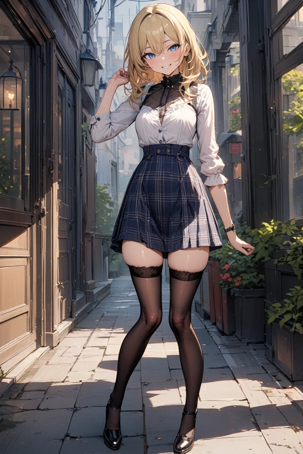 masterpiece, best quality, ultra detailed, solo,
sexy girl, blonde hair, blue eyes, plaid skirt, fitted blouse, casual outing, playful smile, garter and sexy knee length stockings, full body