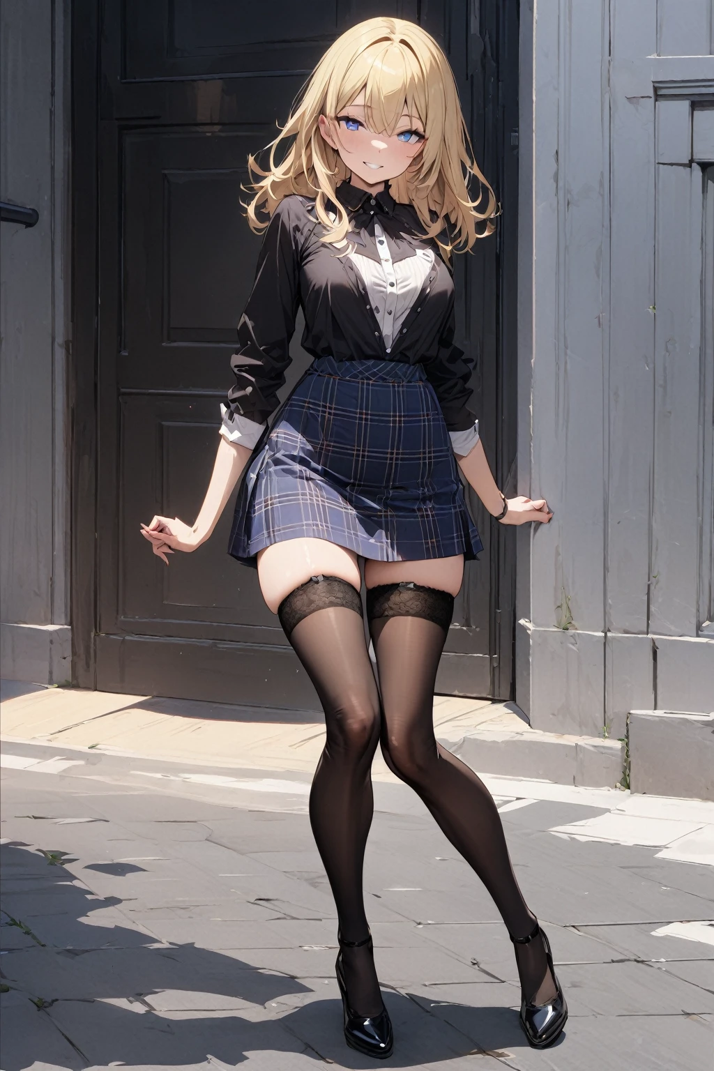 Ultra-high resolution, Realistic, Very detailed, Golden Ratio, Highest quality, Standing full body shot, (Promotional photo shoot), (standing), (Two beautiful secretaries with model figures), Beautiful Face, (Realisticな face), (Blonde short cut:1.3), Realisticな目, Pretty pretty eyes, Realisticな skin, Beautiful Skin, Plump body line, Anatomically correct body, (wide thighs), (Very long legs), (I always wear black stockings:1.3), Fully clothed, Dark blue OL suit, Micro Mini Skirt, (The skirt is very short:1.2), (Very long legs:1.4), (very wide thighs:1.3), (彼女はI always wear black stockings:1.4), (Wearing brown platform high heels), Accurate high heels,