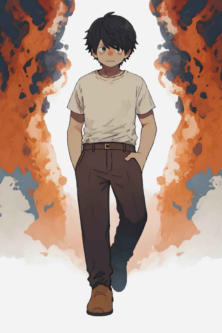Boy with black hair, with beige pants and a white t-shirt