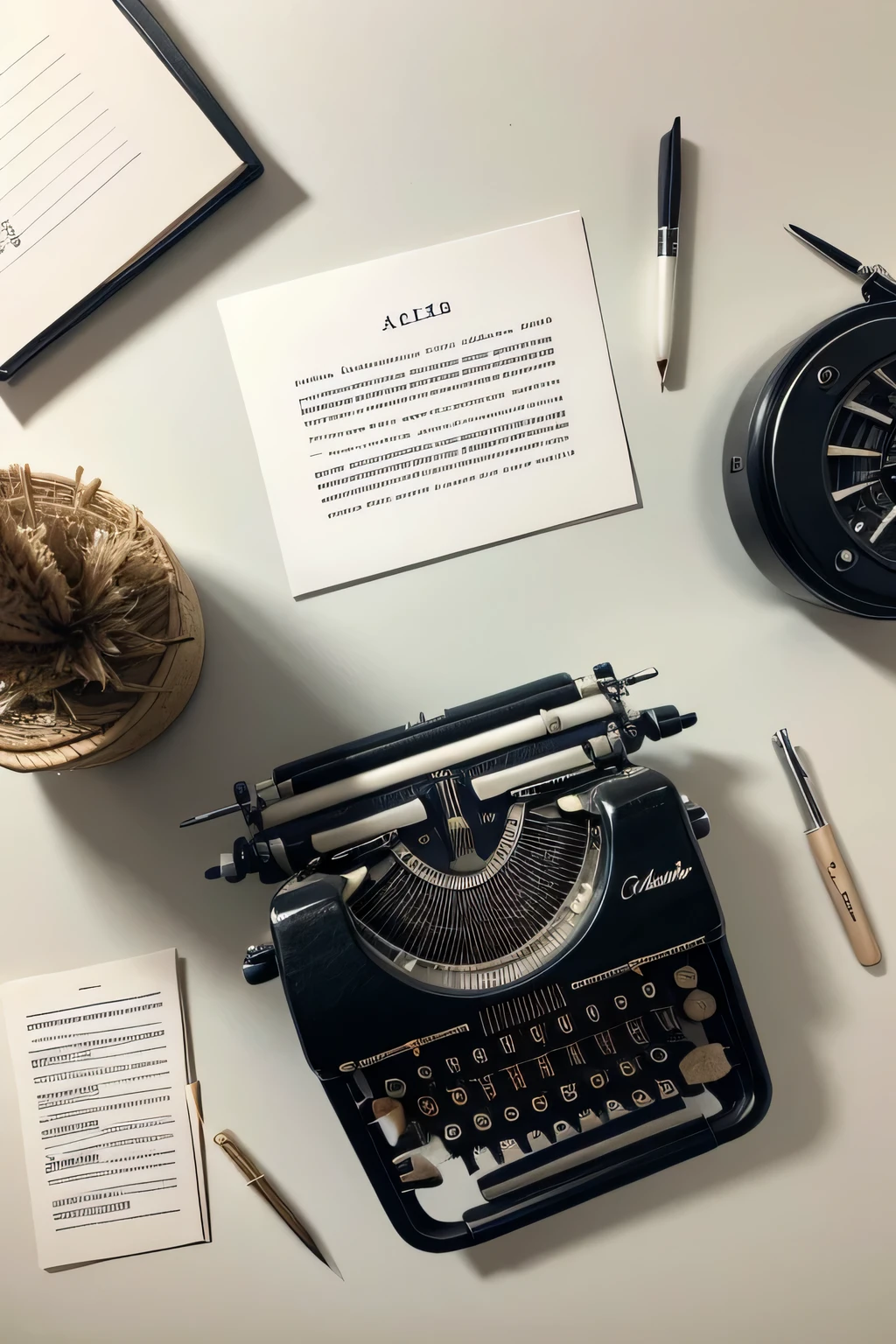 An image of a pen, a feather, A typewriter, a brush and a sheet of paper. Arranged one next, some on top of others