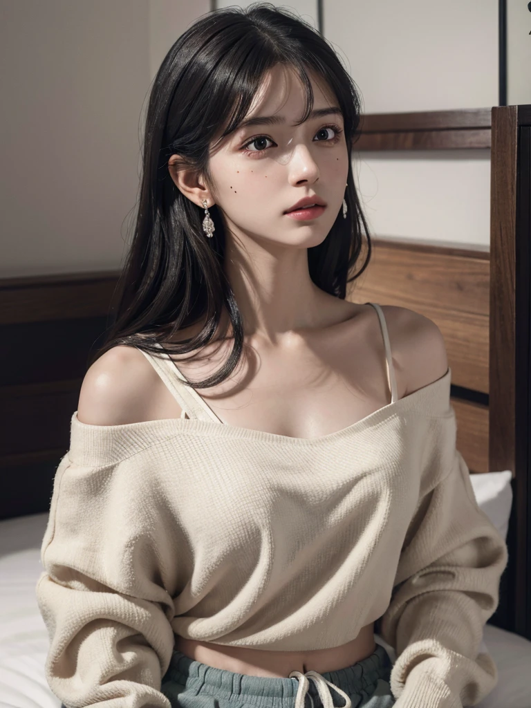 absurdres, RAW photo, extremely delicate and beautiful, masterpiece, Best Quality, ultra high resolution, 32k, hyperrealistic, ultra-detailed, in her 20s, delicate facial features, beautiful detailed girl, tearful mole, earring, medium breasts, full body shot, shorter middle hair, black hair, Joggers Shorts, bare shoulder,