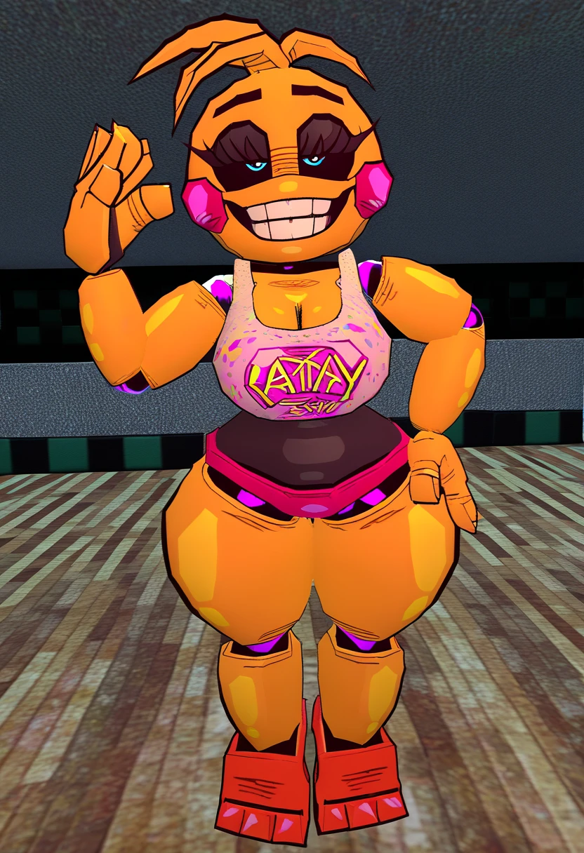 dress, black dress, Beakless toy chica, 3d, 3d model, retro, thick thighs, teeth, black sclera, white pupils, black eyeliner, wide grin, round head,cleavage,