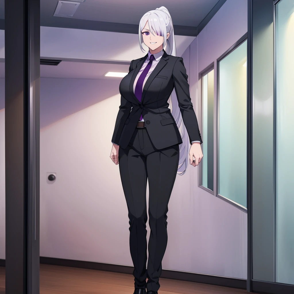 A woman wearing a black suit, tie, black pants, black shoes, white hair, long hair, ponytail hair, purple eyes, smiling, big breasts, standing straight, in an office room,,.HDR, ultra resolution, well defined, masterpiece, 8K HD. (solo woman), full body.
