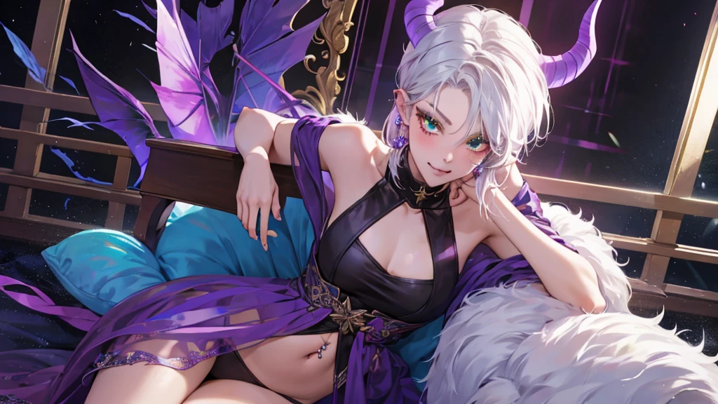 8k, masterpiece, best quality, highly detailed, 1 girl, tiefling, warlock, multicolored hair, very short straight hair green highlight hair on white hair, strippled hair, wearing glasses, round glasses, earrings, red eyeshadow, long eyelashes,navel piercing, blushed cheek, necklace, collarbone, mole, glamorous, purple and teal clothing, villainy, smirk, seductive face, halfbody view, rings, looking at viewer, demon horns, solo, elegant dress, ballroom, palace, blue pale moon, sitting,