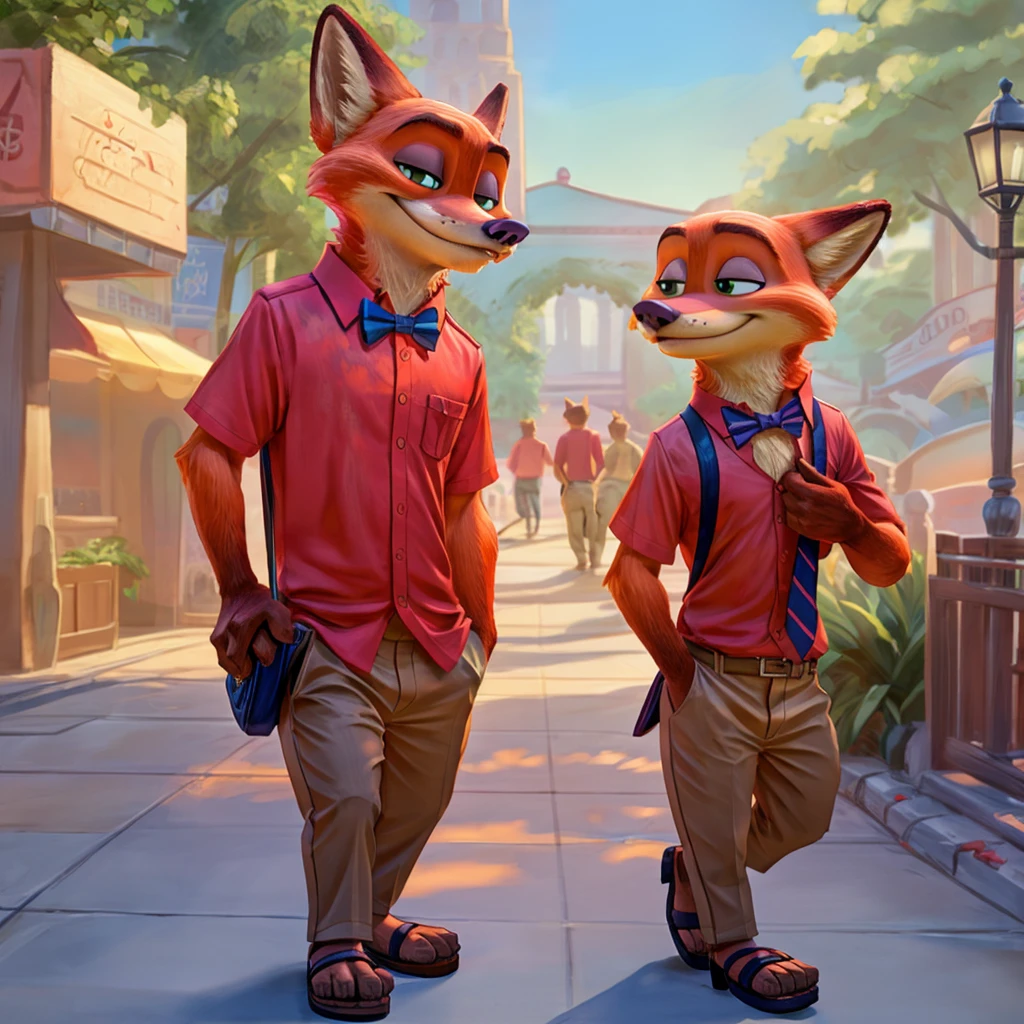 Nick Wilde melts Hawaiian, red shirts with bow tie, and khaki trousers, sandals with heels, digital art, ((perfect face)), ((Best quality)), ((masterpiece))