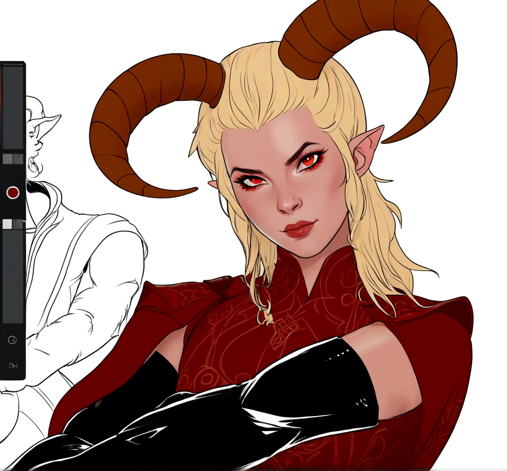 there is a drawing of a female character with horns and a goat head, dnd portrait of a tiefling, tiefling from d & d, tiefling female warlock, tiefling, with horns, clean lineart and color, attractive tiefling druid, girl design lush horns, fit male demon with white horns, wip, horns and red eyes, colored lineart