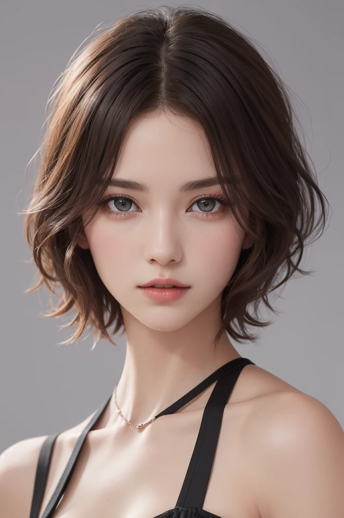 (masterpiece), (Best image quality), 8K resolution, Ultra-fine, 超Ultra-fine, realism, realism, 30 year old mature woman、 Small face, No makeup、Beautiful Face、 short hair, Dark brown hair, Beautiful and beautiful eyes, Bust B cup, 、Small breasts、Silk dress、Cool pose、Gray background