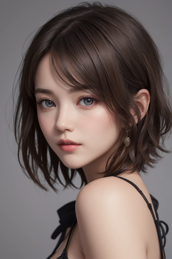 (masterpiece), (Best image quality), 8K resolution, Ultra-fine, 超Ultra-fine, realism, realism, 30 year old mature woman、 Small face, No makeup、Beautiful Face、 short hair, Dark brown hair, Beautiful and beautiful eyes, Bust B cup, 、Small breasts、Silk dress、Cool pose、Gray background