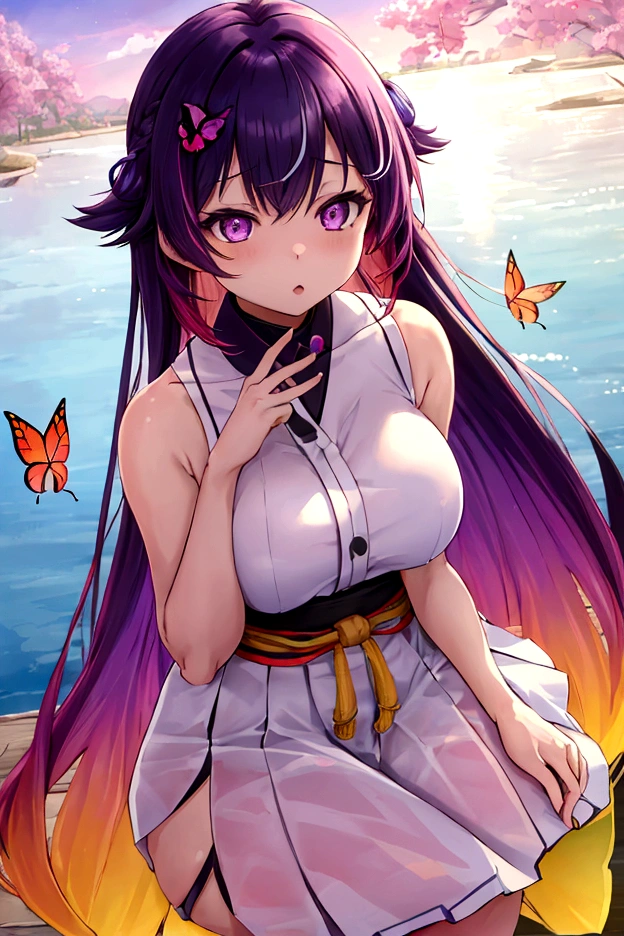 kochou shinobu, 1 girl,work of art, multicolored hair,sleeveless, purples eyes, long transparent skirt , white haori, , Various butterflies, , lake sunset, Lens flare, perfect lighting, highest quallity, hands back, thick-thighs, breasts big, highest quallity, high resolution.