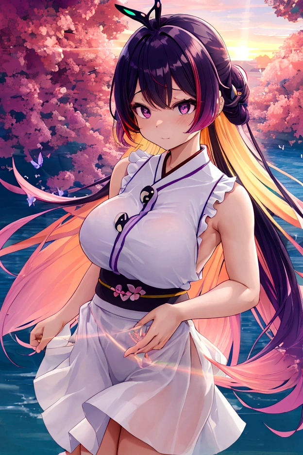 kochou shinobu, 1 girl,work of art, multicolored hair,sleeveless, purples eyes, long transparent skirt , white haori, , Various butterflies, , lake sunset, Lens flare, perfect lighting, highest quallity, hands back, thick-thighs, breasts big, highest quallity, high resolution.