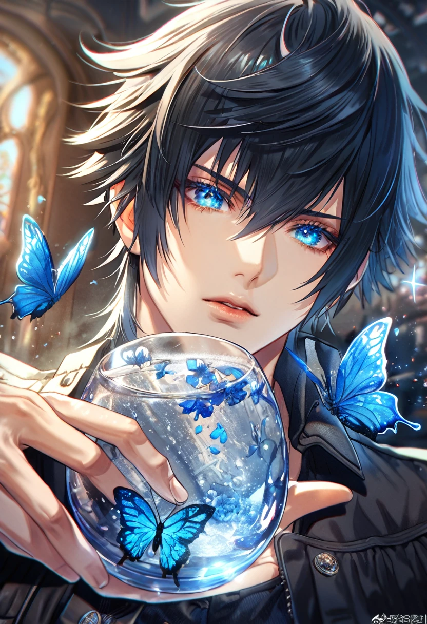 absurdres, highres, ultra detailed, HDR, master piece, best quality, extremely detailed, Noctis Lucis Caelum, black hair, expressive blue eyes, Final Fantasy XV, sexy man, solo, handsome, black clothes, one black glove on the right hand, fantasy, magical, sparkling, water, glass, blue moon, blue flowers, blue butterflies, blue petals