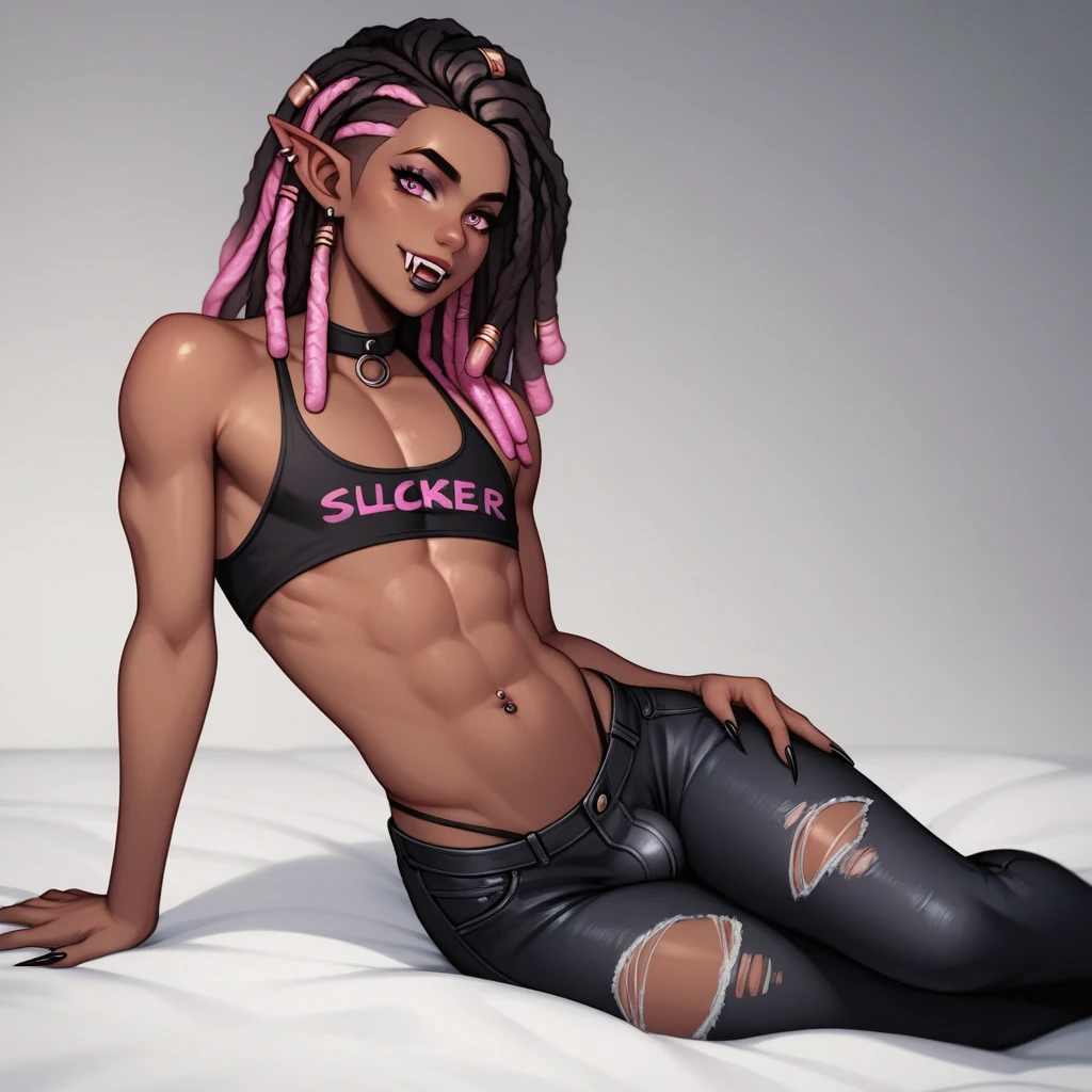 Best quality, highly detailed, ultra detailed, 1 brown skin boy, femboy, flat chest, male chest, slim curvy body, long pink dreadlocks, pink dreadlocks, pink eyes, pointy ears on sides, fangs, sharp nails, black lipgloss, goth, wearing black croptop, black ripped pants, sitting on bed, bedroom background