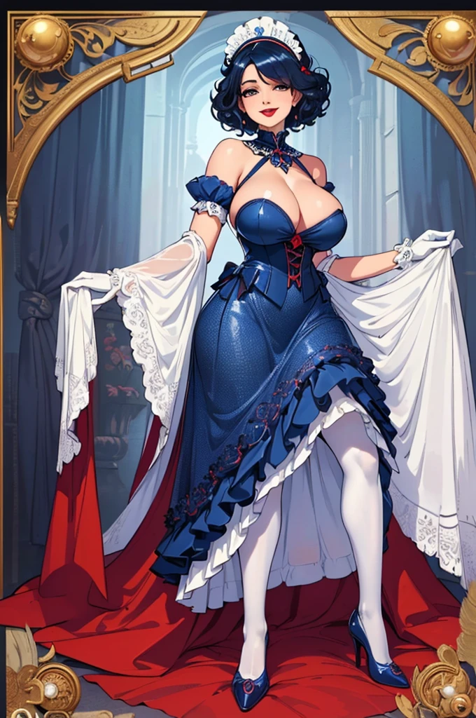 (masterpiece, best quality, high resolution, ((full body, standing,))((huge breasts)) 1 mature woman, , dark blue hair, short curly hair, red lips, highly detailed fantasy maid clothes, highly detailed maid headdress, highly detailed gloves and stockings detailed white color, smile, full body