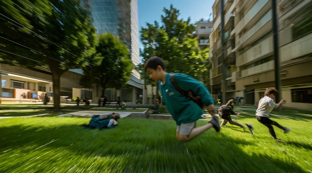 Photorealistic first-person perspective. The scene depicts a blurry and disoriented view from the ground level, simulating the experience of awakening from a faint. The focus is on the blurry feet of people approaching, with the grassy ground of a schoolyard barely visible. The grass texture is indistinct, emphasizing the difficulty in seeing clearly. The lighting is soft, creating a surreal and groggy atmosphere, capturing the disorientation and confusion of regaining consciousness. This scene should evoke the struggle to focus and the gradual realization of the surroundings.