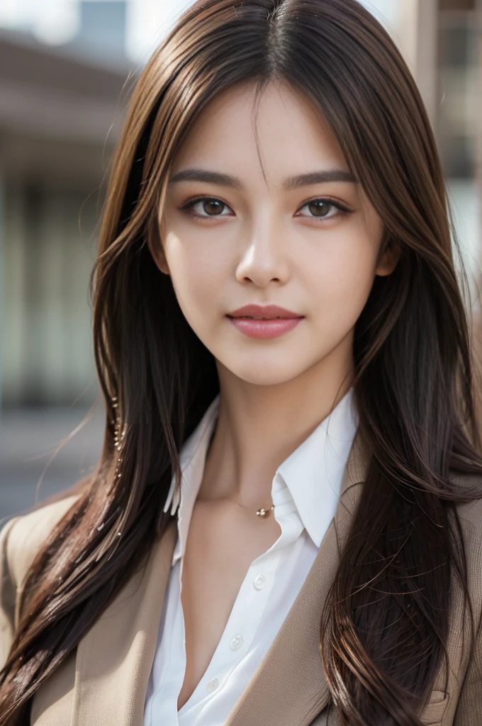 masterpiece, Highest quality, Realistic, Very detailed, Attention to detail, High resolution, 8k wallpaper, One beautiful woman,, Light brown messy hair, Wearing a business suit, Sharp focus, Perfect dynamic composition, Beautiful and beautiful eyes, Thin Hair, Detailed Realistic skin texture, smile, Close-up portrait, Model Body Type