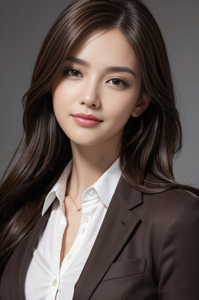 masterpiece, Highest quality, Realistic, Very detailed, Attention to detail, High resolution, 8k wallpaper, One beautiful woman,, Light brown messy hair, Wearing a business suit, Sharp focus, Perfect dynamic composition, Beautiful and beautiful eyes, Thin Hair, Detailed Realistic skin texture, smile, Close-up portrait, Model Body Type