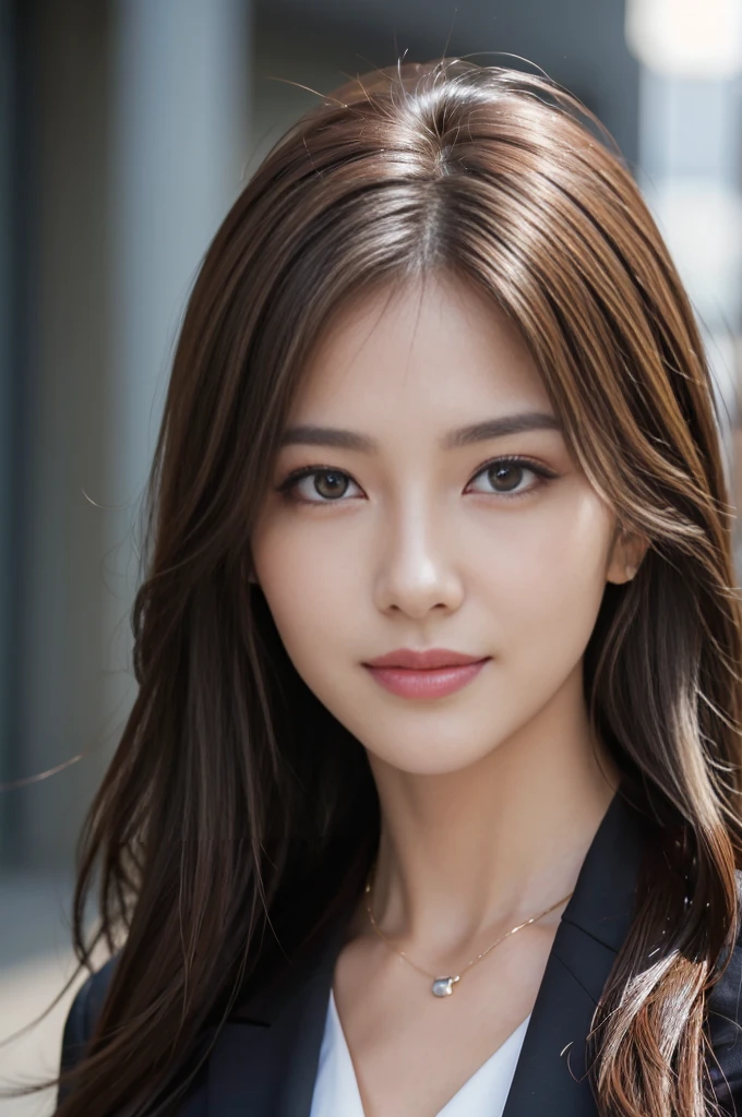 masterpiece, Highest quality, Realistic, Very detailed, Attention to detail, High resolution, 8k wallpaper, One beautiful woman,, Light brown messy hair, Wearing a business suit, Sharp focus, Perfect dynamic composition, Beautiful and beautiful eyes, Thin Hair, Detailed Realistic skin texture, smile, Close-up portrait, Model Body Type