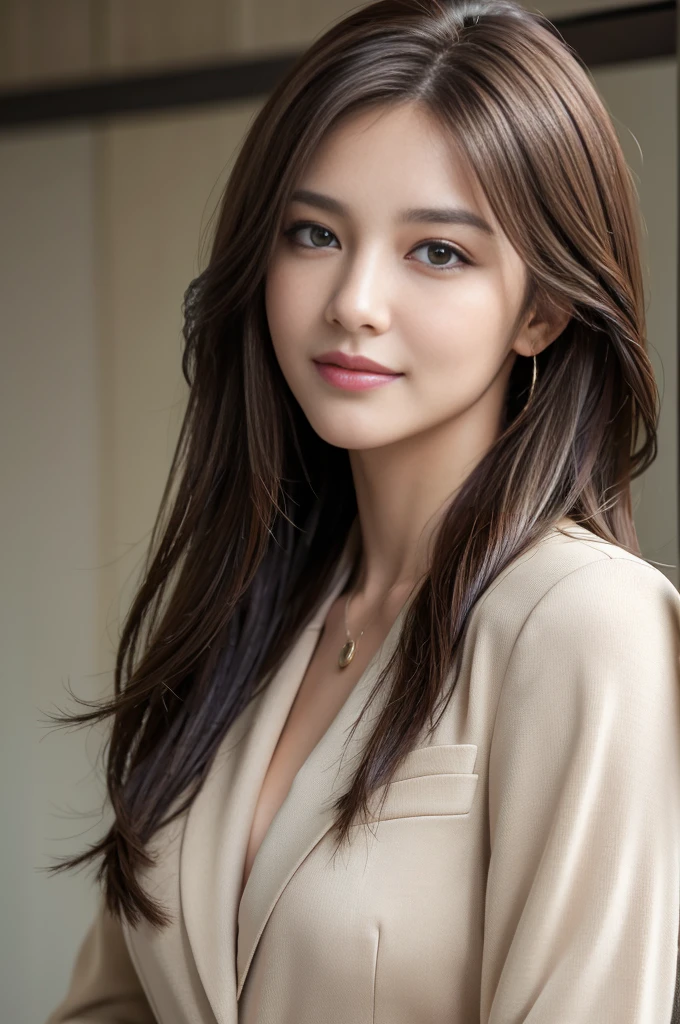 masterpiece, Highest quality, Realistic, Very detailed, Attention to detail, High resolution, 8k wallpaper, One beautiful woman,, Light brown messy hair, Wearing a business suit, Sharp focus, Perfect dynamic composition, Beautiful and beautiful eyes, Thin Hair, Detailed Realistic skin texture, smile, Close-up portrait, Model Body Type