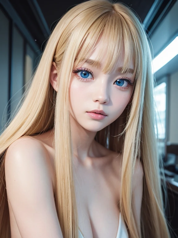 （whole body、Completely naked）、Bright expression、Photorealism、Highest quality、Ultra-high resolution、Photo of a beautiful girl of Scandinavian origin、Extraordinarily beautiful girl、A cute and beautiful face down to the last detail、(Purelos Face_v1:0.008)、Beautiful Bangs、Alice in Wonderland、、Glowing White Skin、Facial hair、Bangs on the face、Bans、Super long hair、Attractive bright natural blonde super long straight silky highlighter hair、Beautiful bright transparent light blue big eyes that are charming and shining、eyeliner、double eyelid、