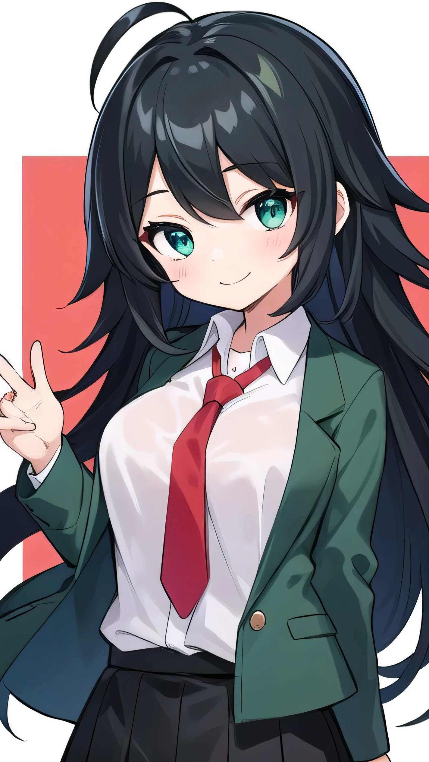 Junior high school student who looks like an elementary school student, 10 years old, very short, 140 cm tall, black hair with a slight green tinge, short ahoge, beautiful long hair but with a little hair sticking out, beautiful round eyes, blue eyes, smile, boyish, long sleeves, Thick clothes, skirt, big breasts, hair longer than waist, long hair, childish face, gentle smile, a little shy, black skirt, black hair with a slight green tinge, boyish, gentle smile, jacket one size larger, ( Deep greenish black hair: 1.3), dark green jacket, white shirt, (red tie:1.5), black skirt