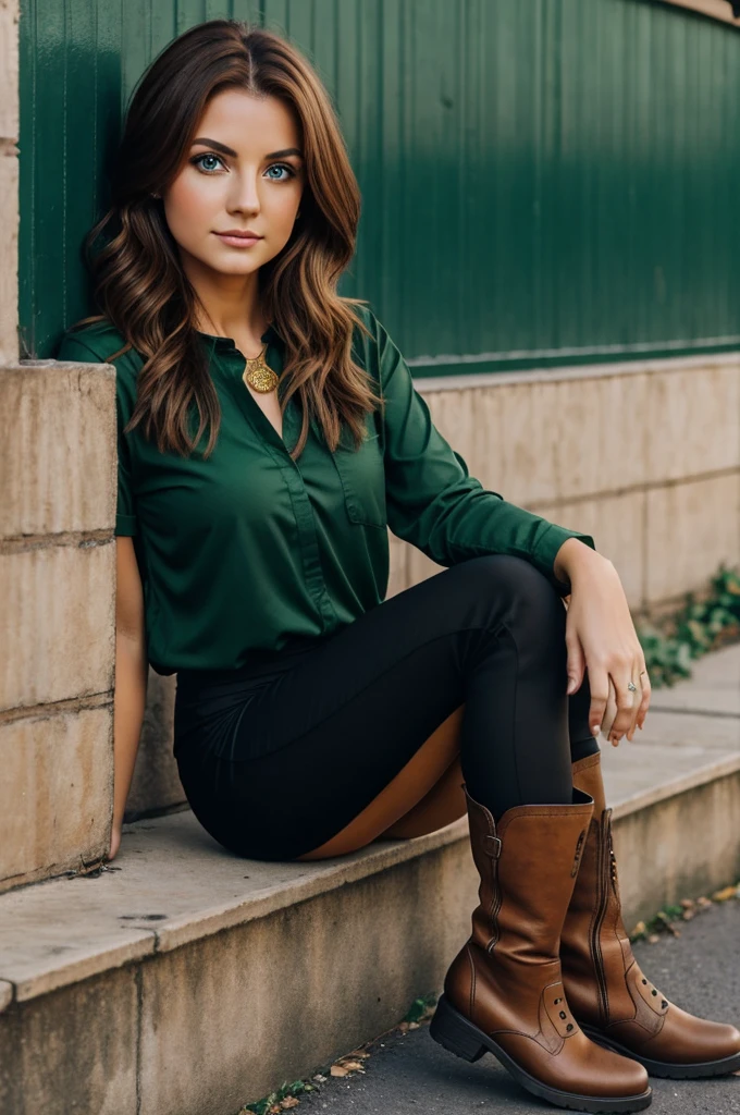 Doctor in her twenties, beautiful, short golden brown hair, emerald green eyes, gypsy clothes, black shirt and leggings and long brown tight boots, close-up, black wall