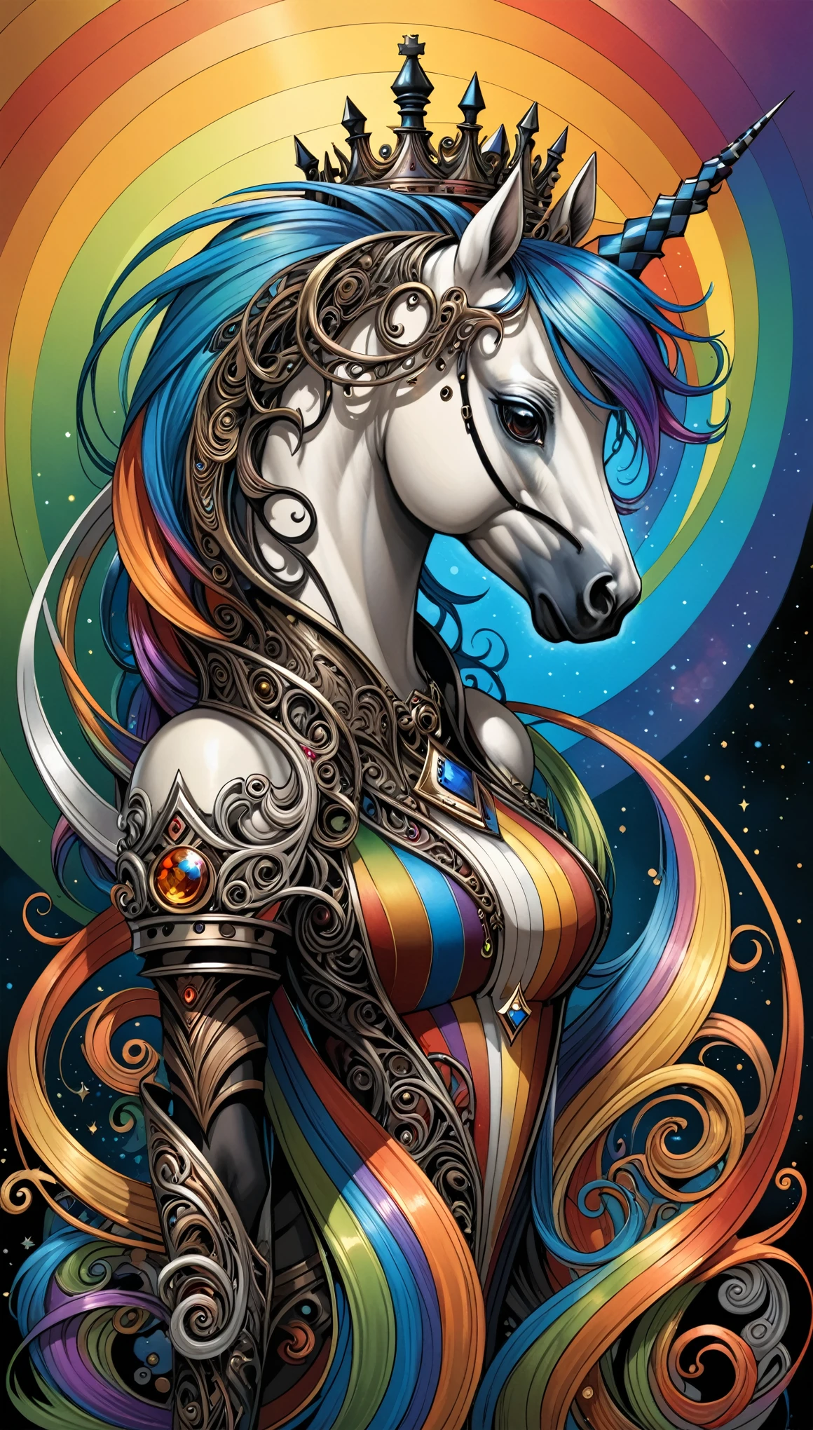 (in style of Aaron Horkey:1.4),
1girl,
queen \(chess\),rainbow pony,metal spiral sharp corners,