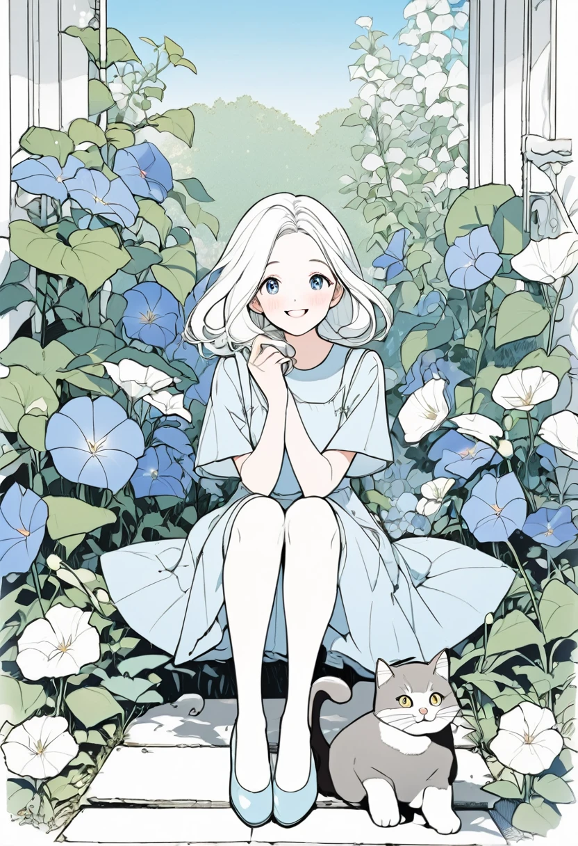 Line drawing, Japanese cartoon style, a white-haired girl in a light blue one-piece dress faces forward with a big smile in a garden where morning glories bloom, her mouth wide open.At her feet is a cat.Nostalgic, fashionable, calming.