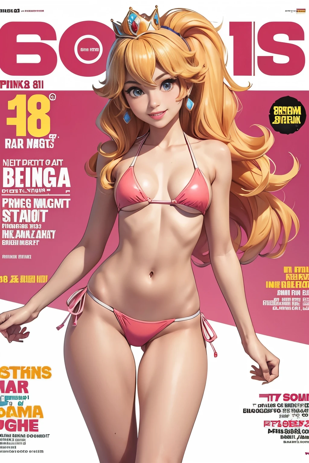 sports magazine cover, young woman, (Princess Peach), (slim:1.2), 18yo, (sexy micro-bikini), (flat chest:1.1), perfect body, smile, full body, thigh gap:1.4
