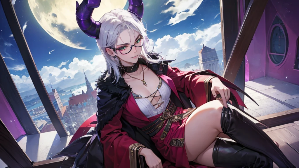 8k, masterpiece, best quality, highly detailed, 1 girl, tiefling, warlock, multicolored hair, very short straight hair green highlight hair on white hair, strippled hair, wearing glasses, round glasses, earrings, red eyeshadow, long eyelashes,navel piercing, blushed cheek, necklace, collarbone, mole, glamorous, purple and teal clothing, villainy, smirk, seductive face, halfbody view, rings, looking at viewer, demon horns, solo, elegant dress, ballroom, palace, blue pale moon, sitting, 