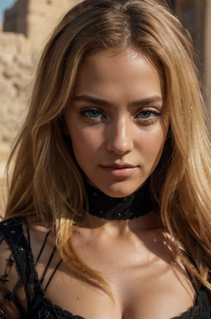 a beautiful blonde woman, beautiful golden blonde hair, detailed eyes, beautiful detailed lips, extremely detailed face, long eyelashes, in the country of Egypt, wearing a long black arab dress which goes to her feet, (best quality,4k,8k,highres,masterpiece:1.2),ultra-detailed,(realistic,photorealistic,photo-realistic:1.37),HDR,UHD,ultra-fine painting,sharp focus,physically-based rendering,extreme detail description,professional,vivid colors,bokeh,portrait, vue sur les pyramides en arrière plan, photo prise par un photographe, le cheveux porter par le vent, les mains derrière le dos