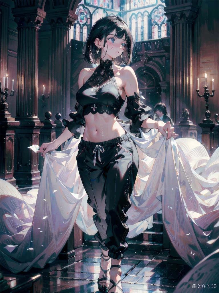 NSFW,(Natural finger shape:1.5),((Full Body Shot,Including face)),Standing position,4K,masterpiece,((Focus on the face)),((Symmetrical facial features)),Eye for detailed depiction,Beautiful woman,Excellent style,Beautiful feet,(Small Ass,Thin thighs),(Patterned black stockings:2,High heels),Facial detailing,Small earrings,necklace,Low angle photo,((Knitted sleeveless top,Tight Skirt)),Lying on the tiles,blue blonde,(Panty shot:2)